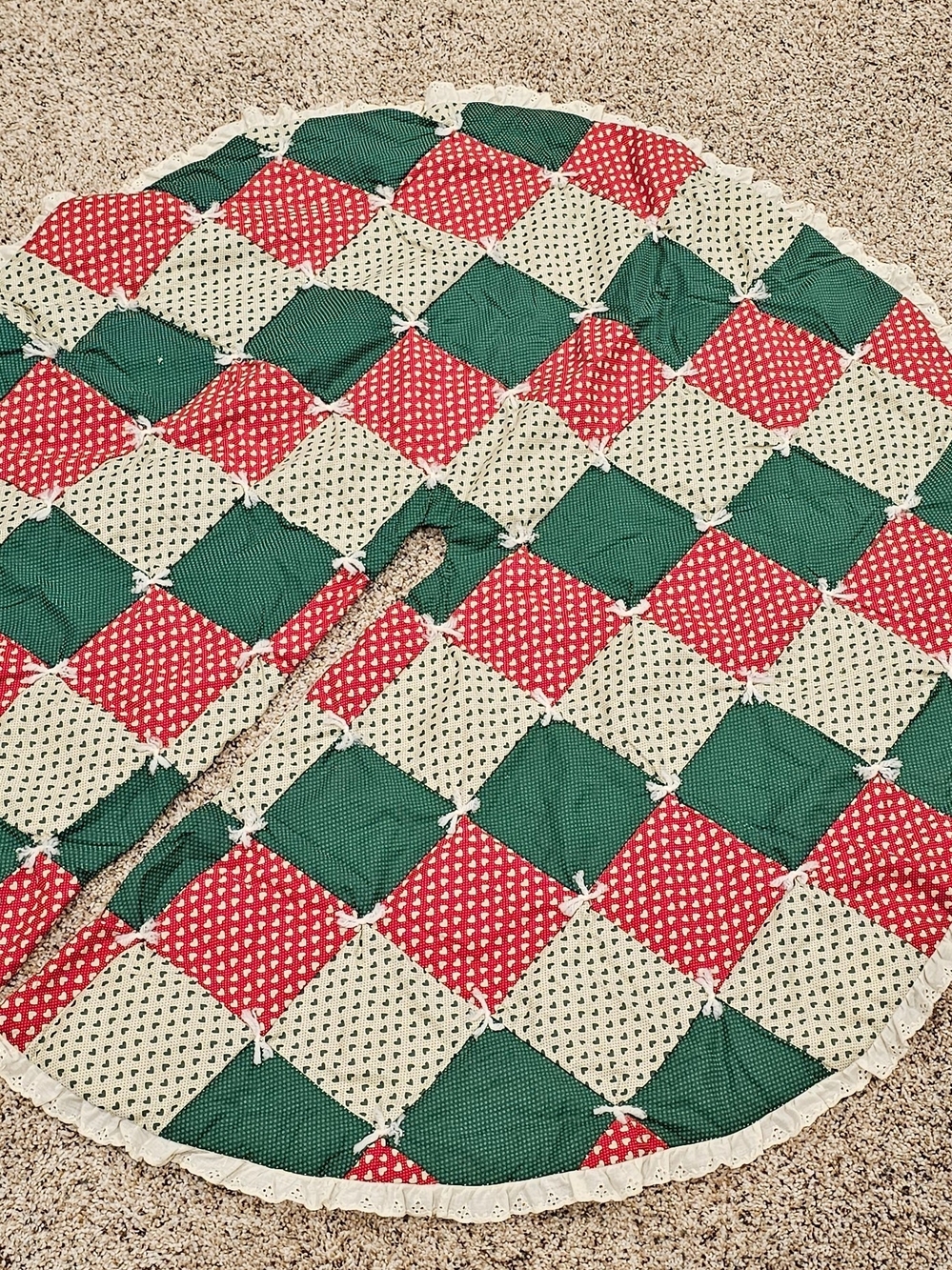 Handmade Red, Green & Cream Patchwork Tree Skirt